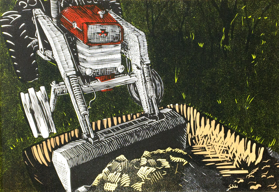 Digging clay linocut