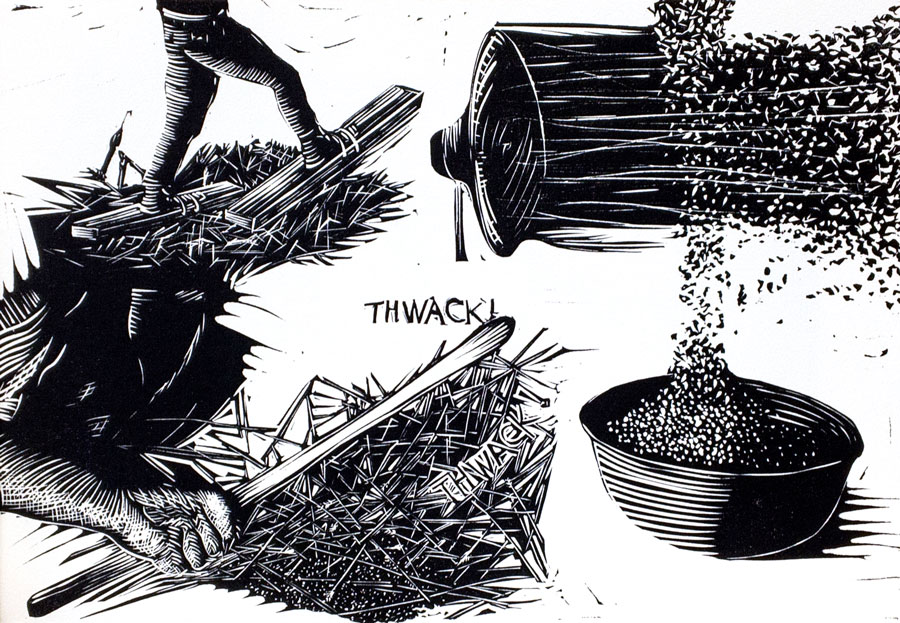 Threshing linocut